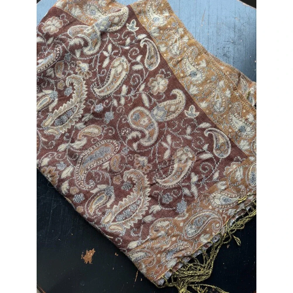 Pashmina Silk Blend Shawl or Wrap, Paisley Brown Tan Gold, Fringe ~28x70